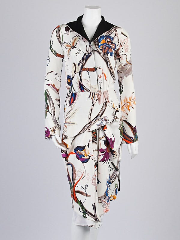 Balenciaga Silk White Tropical Print Long Sleeve Dress Size 4/36