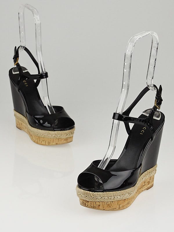 Gucci Black Patent Leather Hollie Wedge Sandals Size 6.5/37