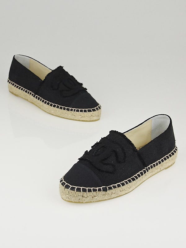Chanel Black Linen CC Espadrille Flats Size 7.5/38