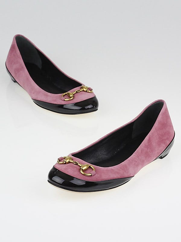 Gucci Vintage Rose Suede Black Patent Leather Carlie Horsebit Ballet Flats Size 5.5/36