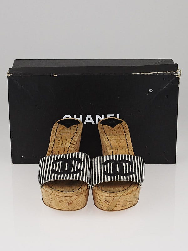 Chanel Black/White Stripe Canvas CC Logo Cork Wedge Sandals Size /42 -  Yoogi's Closet