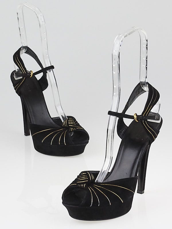 Gucci Black Suede Kelly Platform Peep Toe Heels Size 8.5