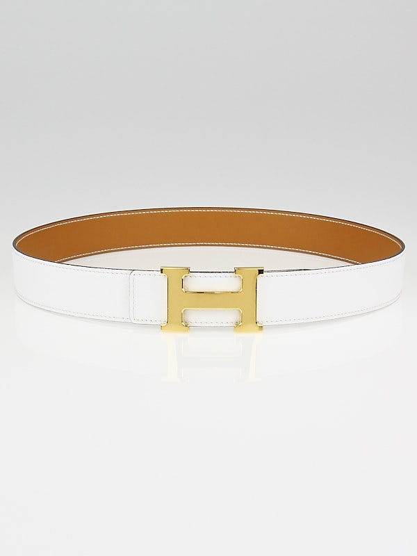 Hermes 32mm White Epsom/Gold Swift Leather Gold Plated Constance H Belt Size 80
