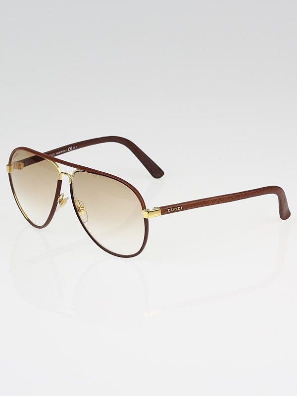 Gucci Brown Leather Covered Aviator Sunglasses-2887/S - Yoogi's Closet