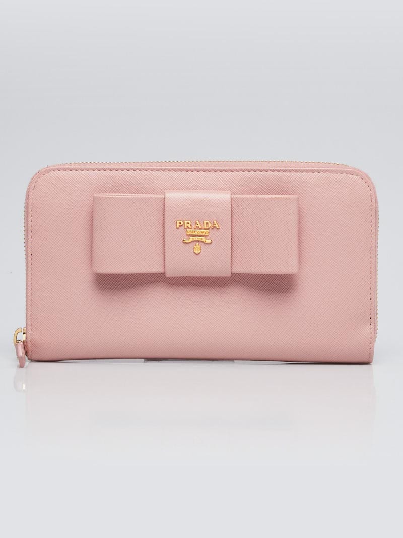 Prada Light Pink Bow Saffiano Leather Zippy Wallet