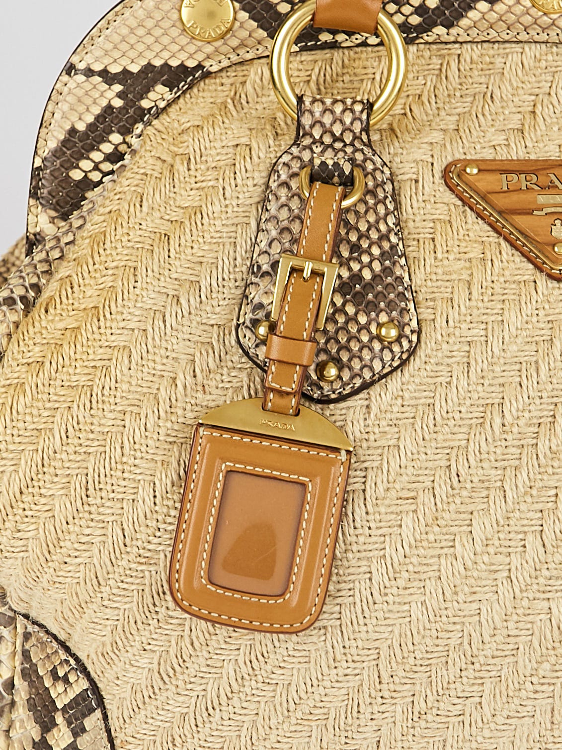 Prada Raffia Woven Jute & Gold Python-Trimmed Shoulder Bag