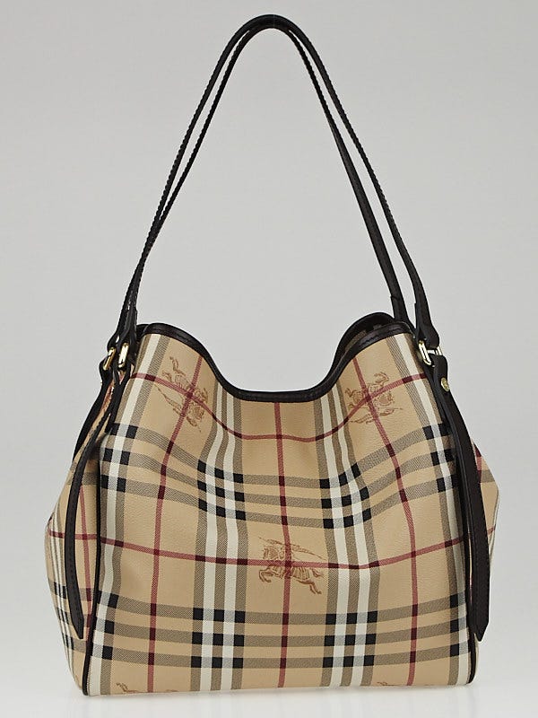 Burberry Chocolate Leather Haymarket Check Coated Canvas Small Canter Tote Bag