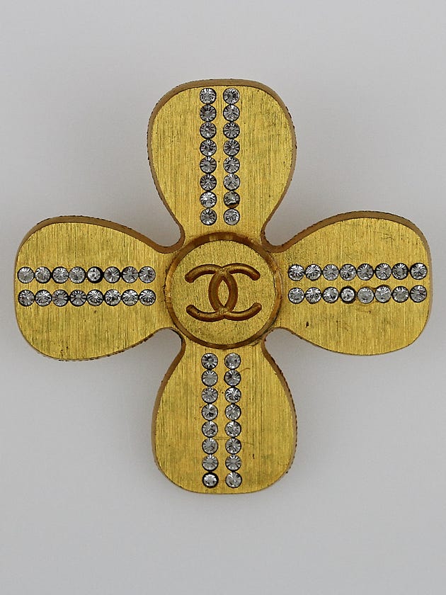 Chanel Goldtone Metal and Crystal CC Four-Leaf Clover Brooch