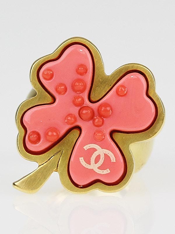 Chanel Gold/Pink Four-Leaf Clover Ring Size 6.5