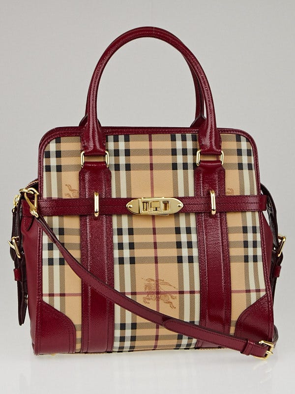 Burberry Red Patent Leather Haymarket Check Coated Canvas Portrait Minford Tote Bag