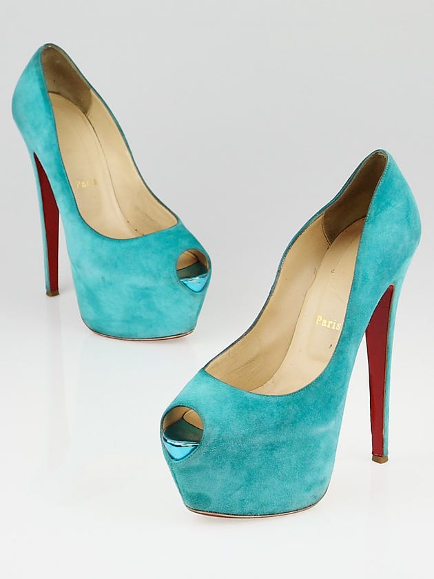 Christian Louboutin Turquoise Suede Highness 160 Peep Toe Pumps Size 8.5/39
