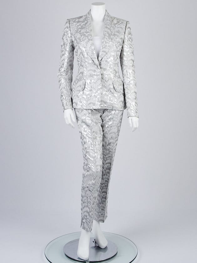 Dolce & Gabbana Silver Fabric Brocade Pant Suit Size 8/42 - Yoogi's Closet