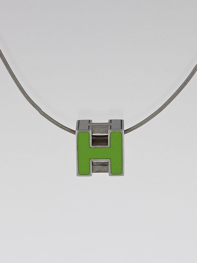 Hermes Palladium Plated and Green Enamel Cage D'H Pendant Necklace 
