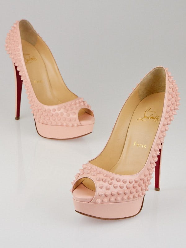 Christian Louboutin Baby Pink Patent Leather Lady Peep Spikes 150 