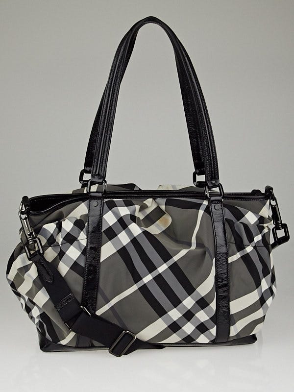 Authentic Burberry Patent Leather Beat Check Black Nylon Tote Bag