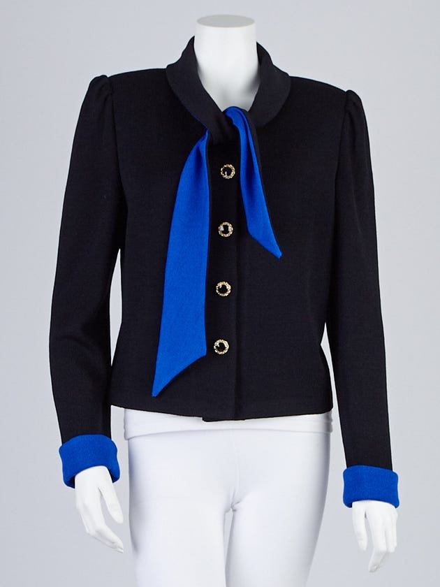 St. John Black/Blue Knit Fabric Tie-Front Jacket Size 8