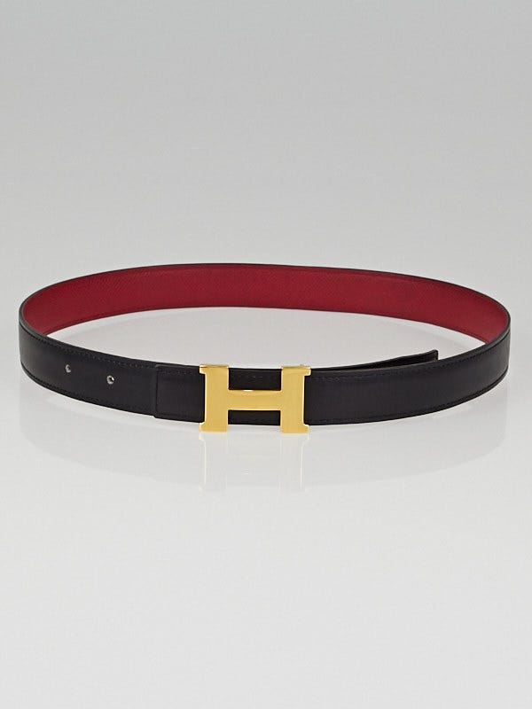 Hermes 24mm Black Box / Rouge Courchevel Leather Gold Plated Constance H Belt Size 70