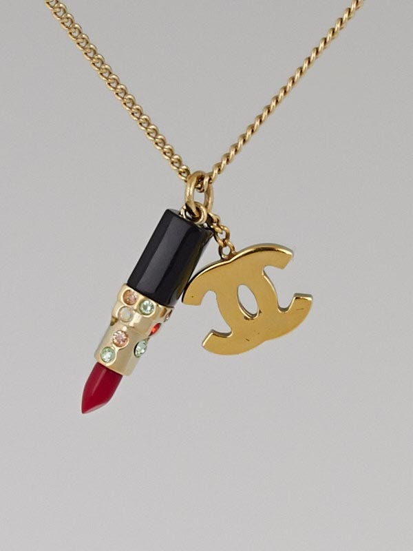 Chanel Gold and Crystal Resin CC Lipstick Pendant Necklace
