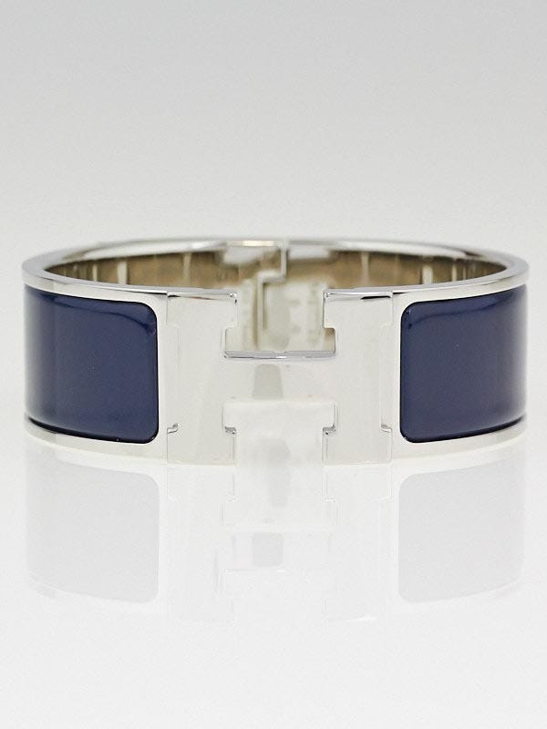 Hermes Navy Blue Enamel Palladium Plated Clic-Clac H PM Wide Bracelet