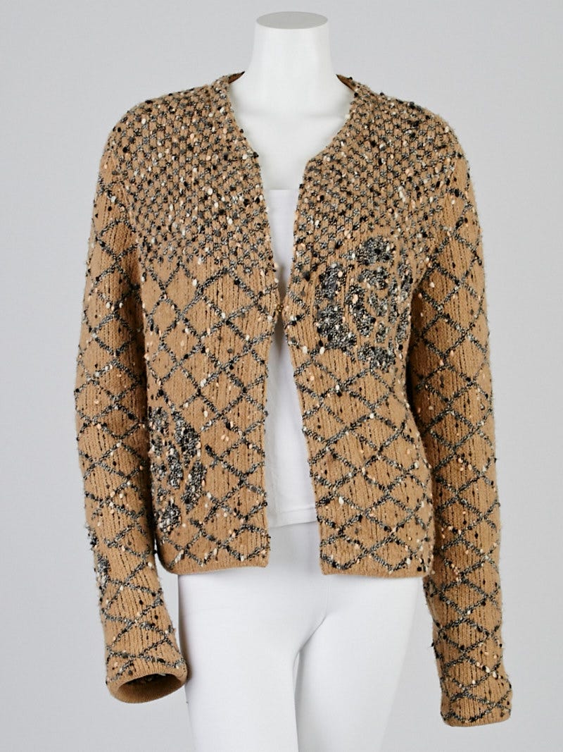 Chanel Beige Wool Blend Boucle Cardigan Sweater Size 6/40 - Yoogi's Closet