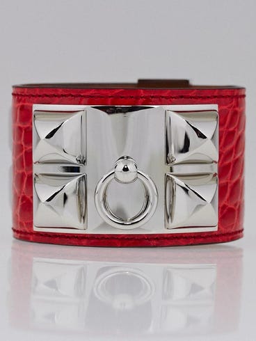 Hermes Geranium Shiny Lisse Alligator Palladium Plated Collier de Chien Cuff Bracelet Size S