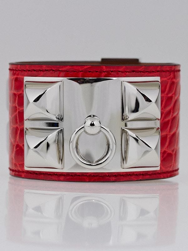 Hermes Geranium Shiny Lisse Alligator Palladium Plated Collier de Chien Cuff Bracelet Size S