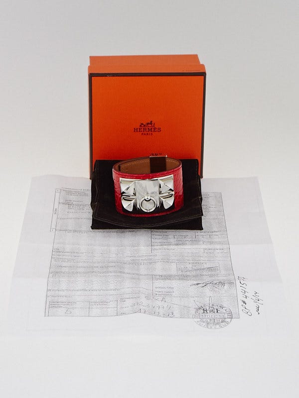 Hermes Geranium Shiny Lisse Alligator Palladium Plated Collier de Chien Cuff Bracelet Size S