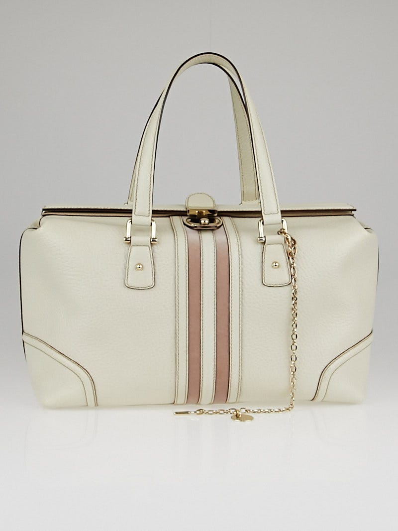 Gucci White Pebbled Leather Web Treasure Large Boston Bag