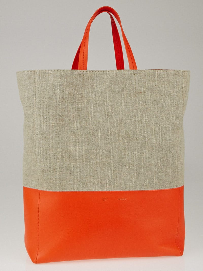 Celine Natural Linen Bright Orange Lambskin Leather Bi Cabas