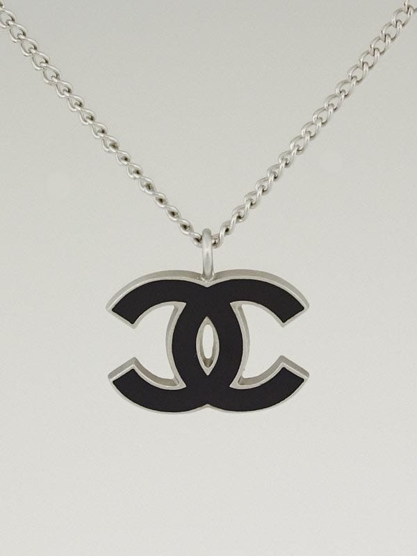 Chanel Silvertone Chain and Black Enamel CC Pendant Necklace