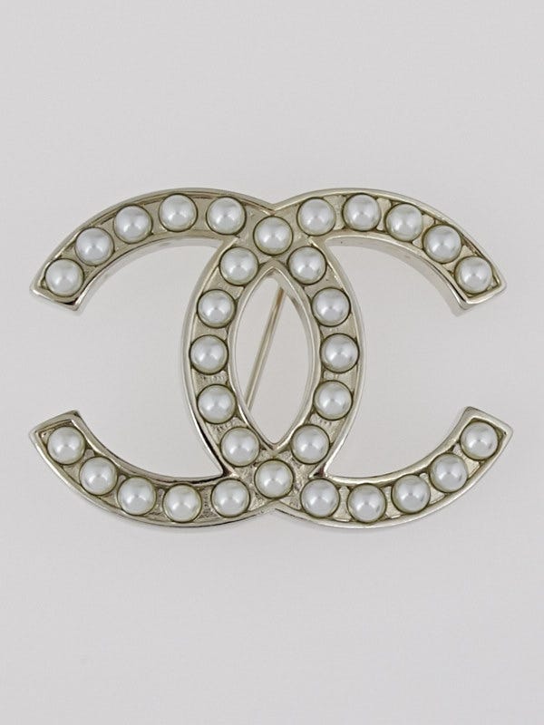 Chanel Silvertone Faux Pearl CC Brooch