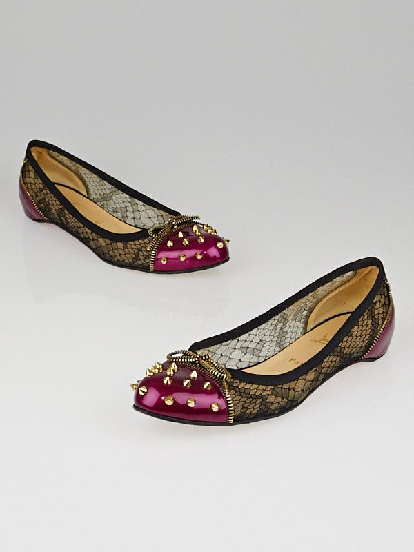 Christian Louboutin Cranberry Patent Leather and Black Lace Candy Studded Flats Size 10/40.5