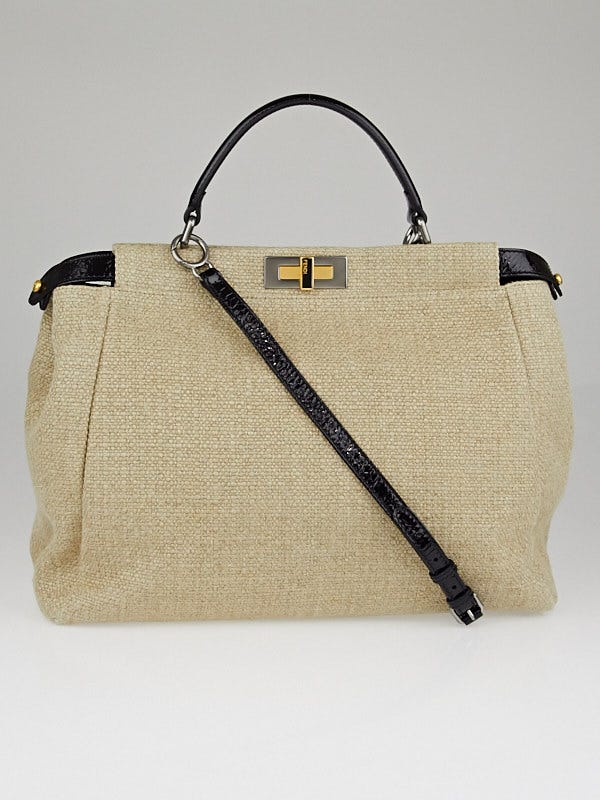 Fendi Natural Linen and Black Patent Leather Large Peekaboo Bag