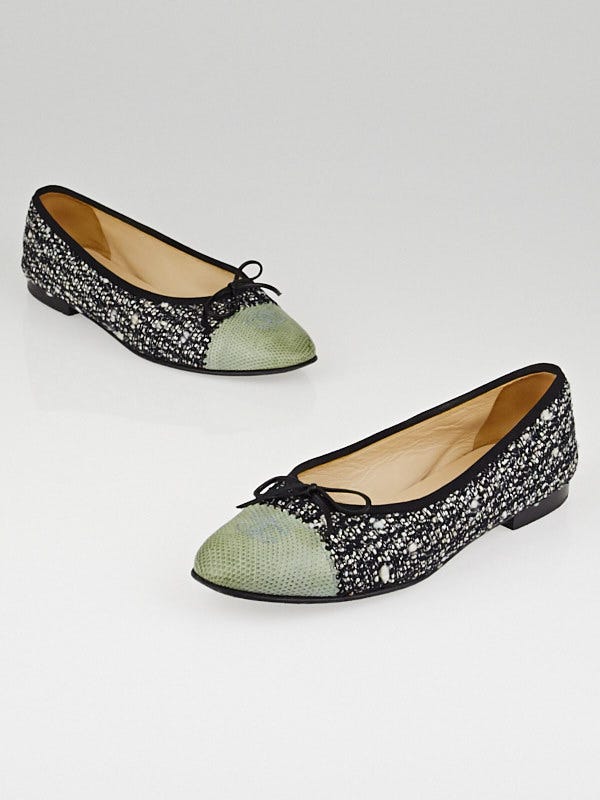 Chanel Tweed/Lizard Embossed CC Cap Toe Ballet Flats Size 8/38.5