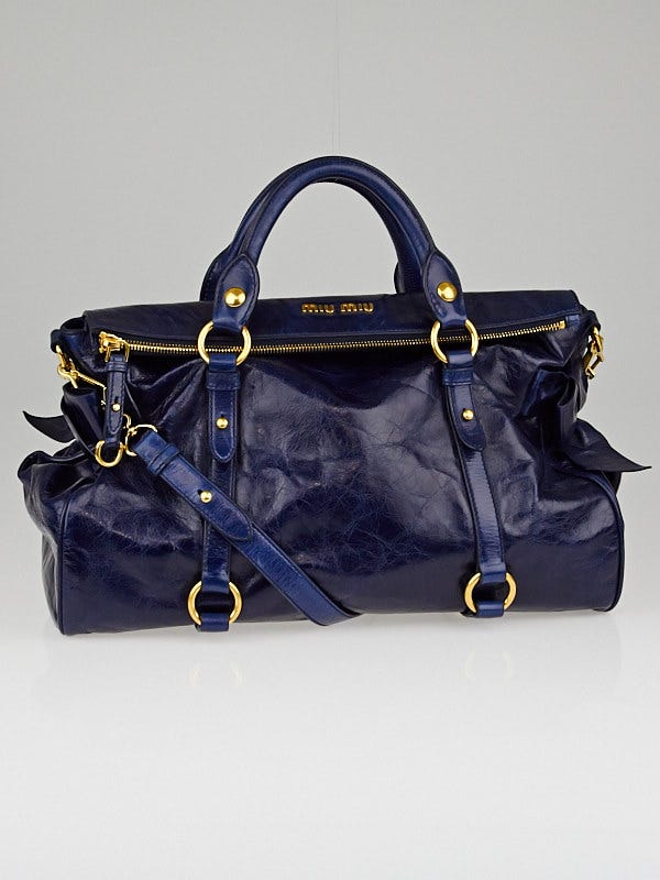Miu Miu Blue Leather Vitello Lux Leather Bow Top Handle Bag For