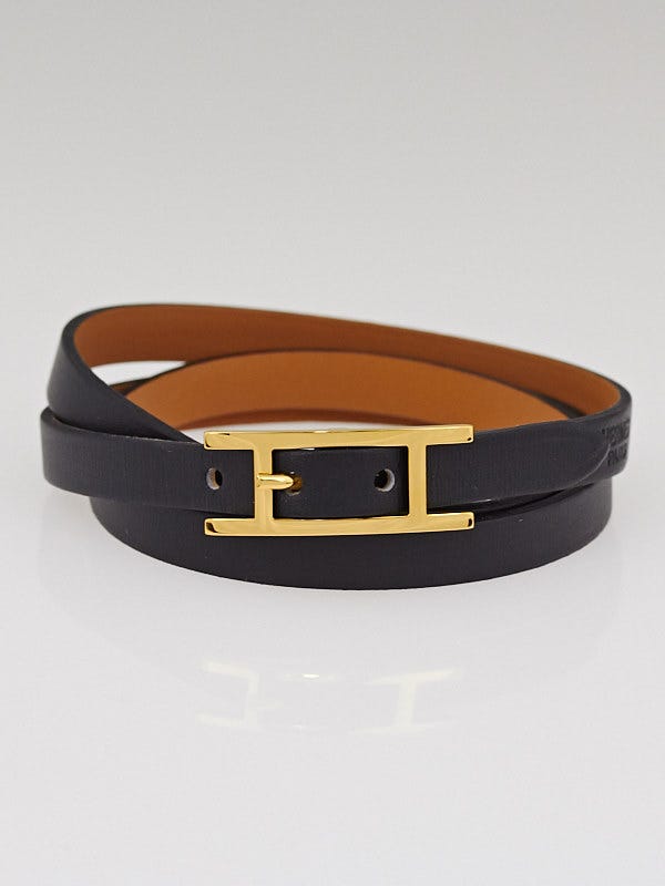 Hermes Black Chamonix Leather Gold Plated Hapi 3 MM Bracelet Size GM