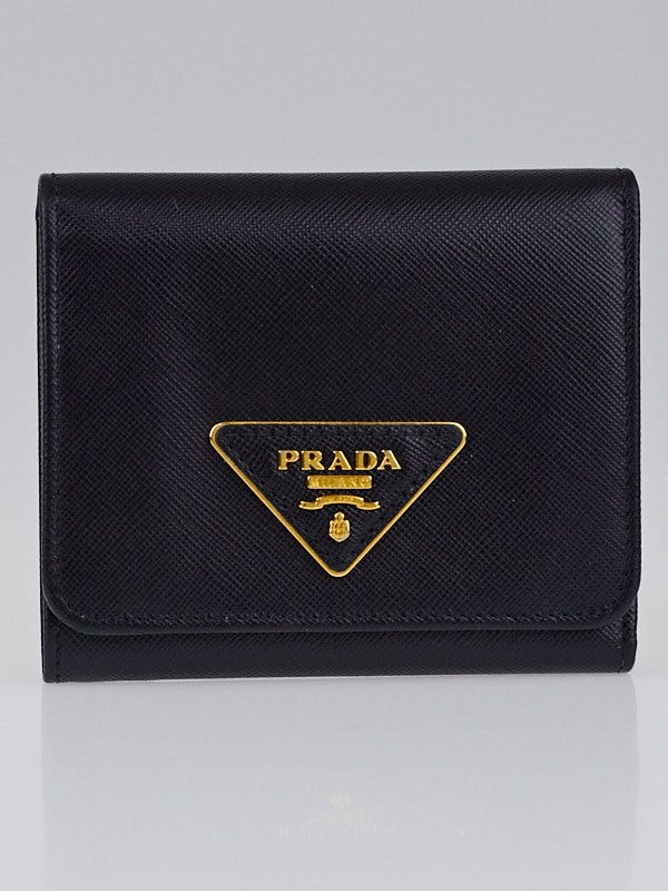 Prada Black Saffiano Triangle Leather Trifold Compact Wallet 1M0176