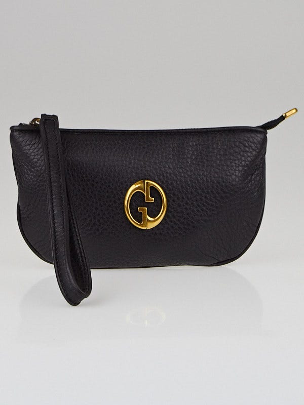 Gucci Black Pebbled Leather GG Wristlet Pochette Bag