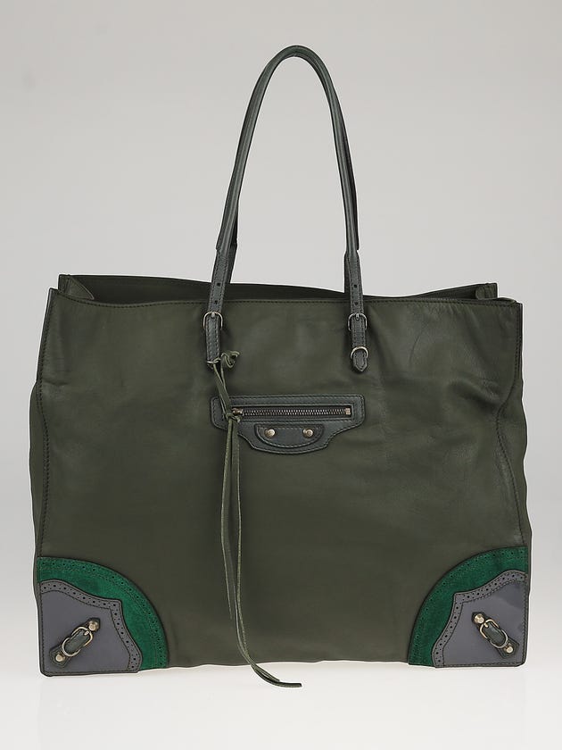 Balenciaga Dark Green Calfskin Leather Papier Telegraph A4 Tote Bag