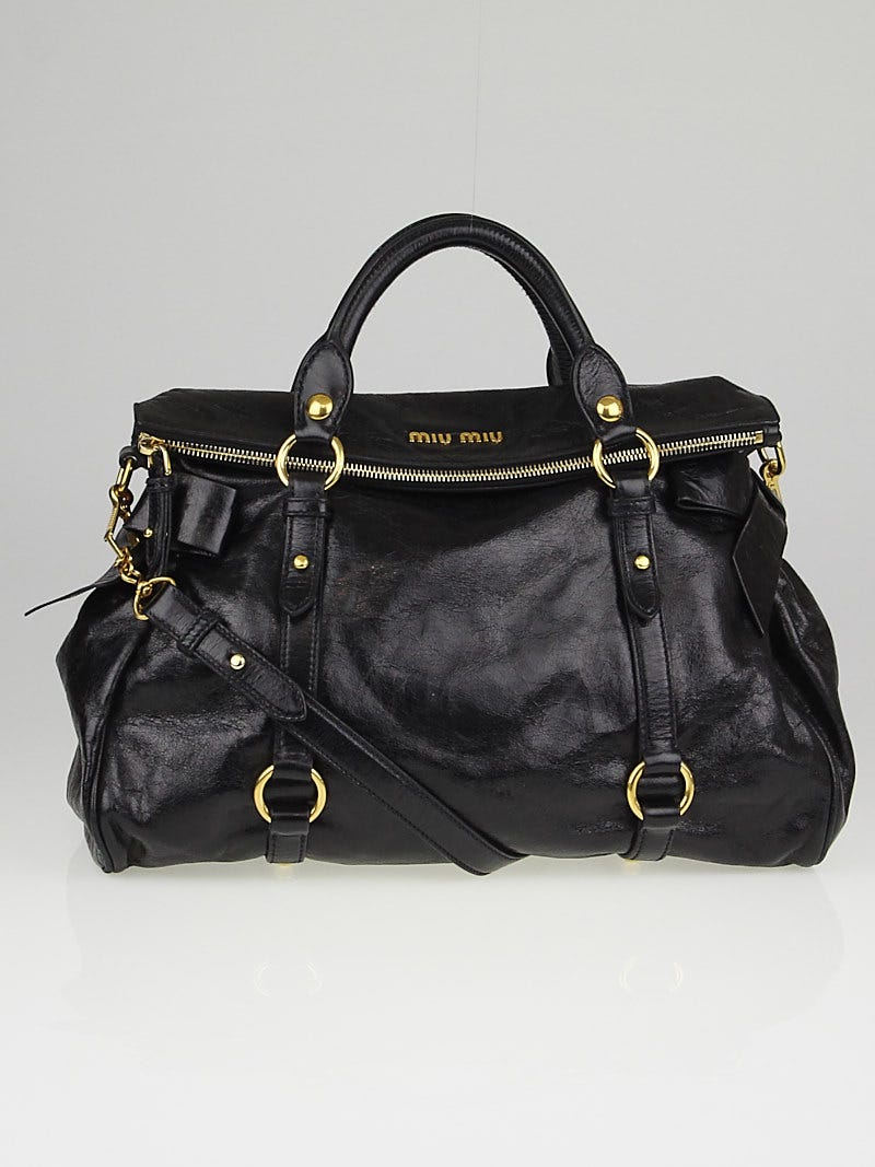 Miu Miu Black Vitello Lux Leather Bow Top Handle Bag - Yoogi's Closet