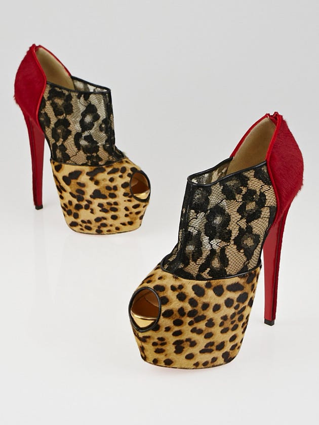 Christian Louboutin Leopard/Red Flame Pony Hair and Lace Aeronotoc 160 Booties Size 6.5/37