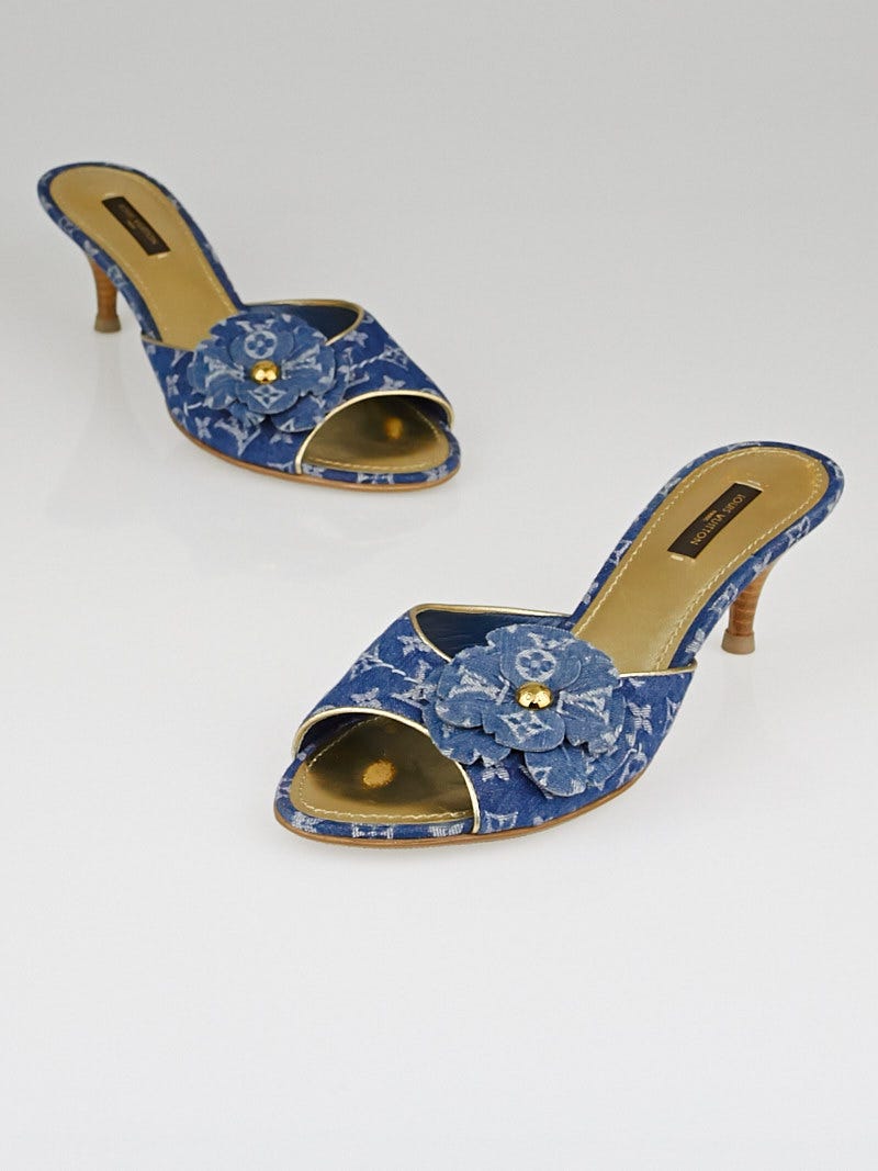 Louis Vuitton Blue Monogram Denim And Leather Bow Slide Sandals Size 39.5