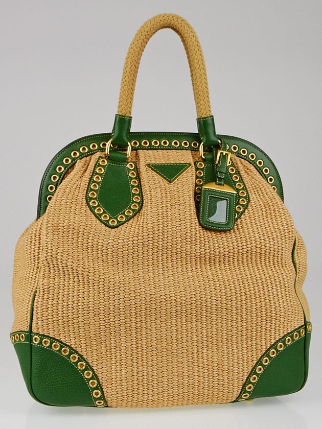 Prada Green Leather and Straw Large Frame Tote Bag