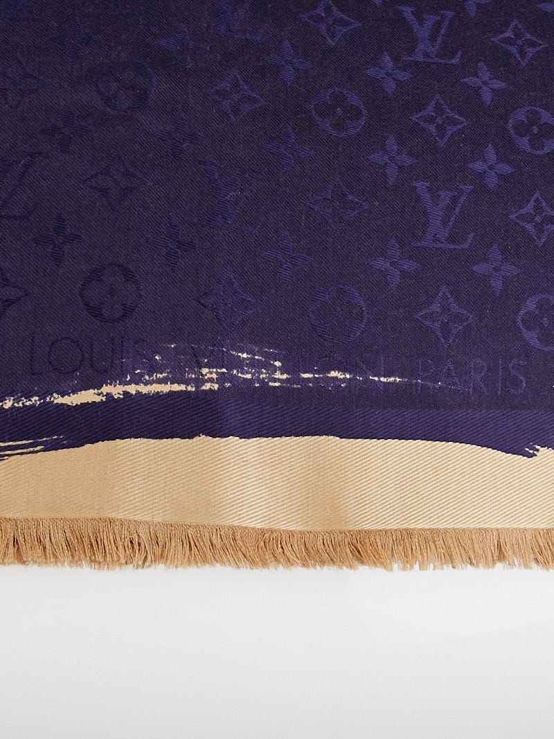 Louis Vuitton Navy Blue Monogram Silk/Wool Shawl Scarf - Yoogi's Closet