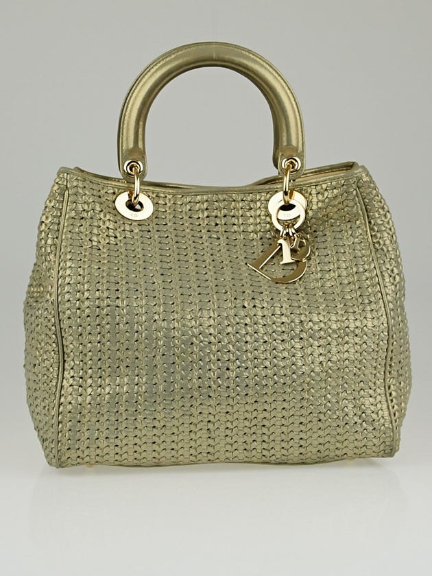 Christian Dior Gold Metallic Woven Leather Medium Soft Lady Dior Tote Bag
