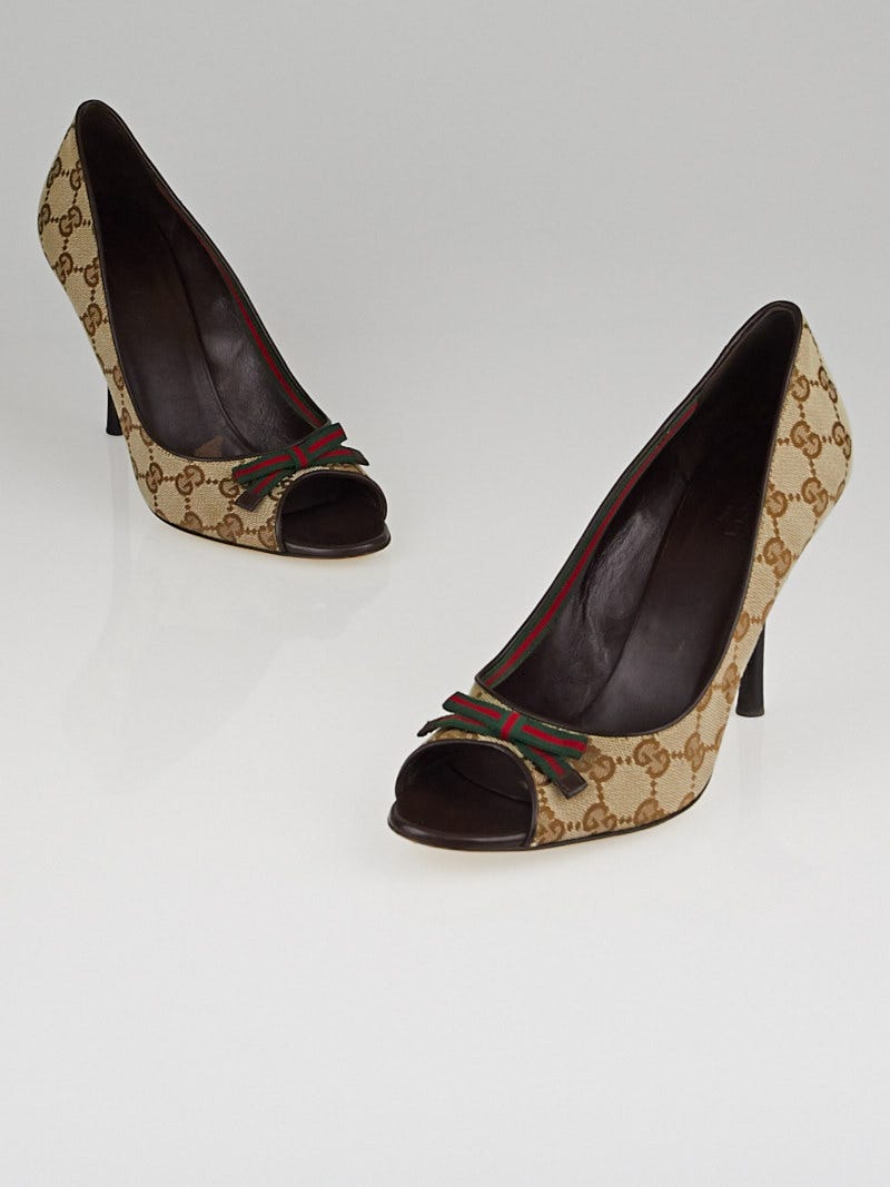 Gucci Beige/Ebony GG Canvas Bow Peep Toe Pumps Size 9B