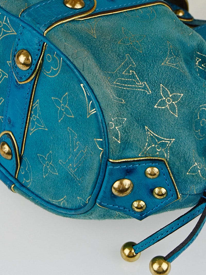Louis Vuitton $6050 Blue Gold Monogram Suede Theda GM Shoulder Bag