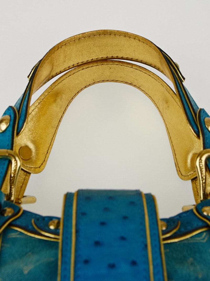 LOUIS VUITTON Monogram Suede Ostrich Theda GM Turquoise 284088