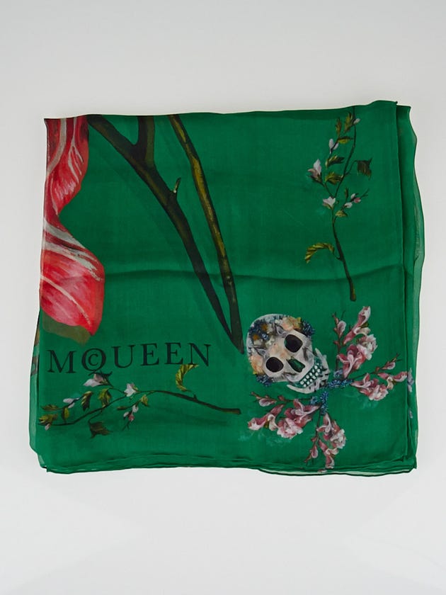 Alexander McQueen Green Silk Flower Skull Scarf