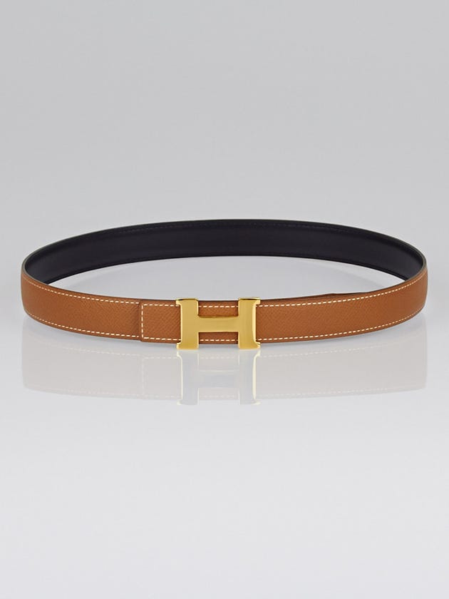 Hermes 24mm Gold Courchevel/Black Box Leather Gold Plated Constance H Belt Size 70